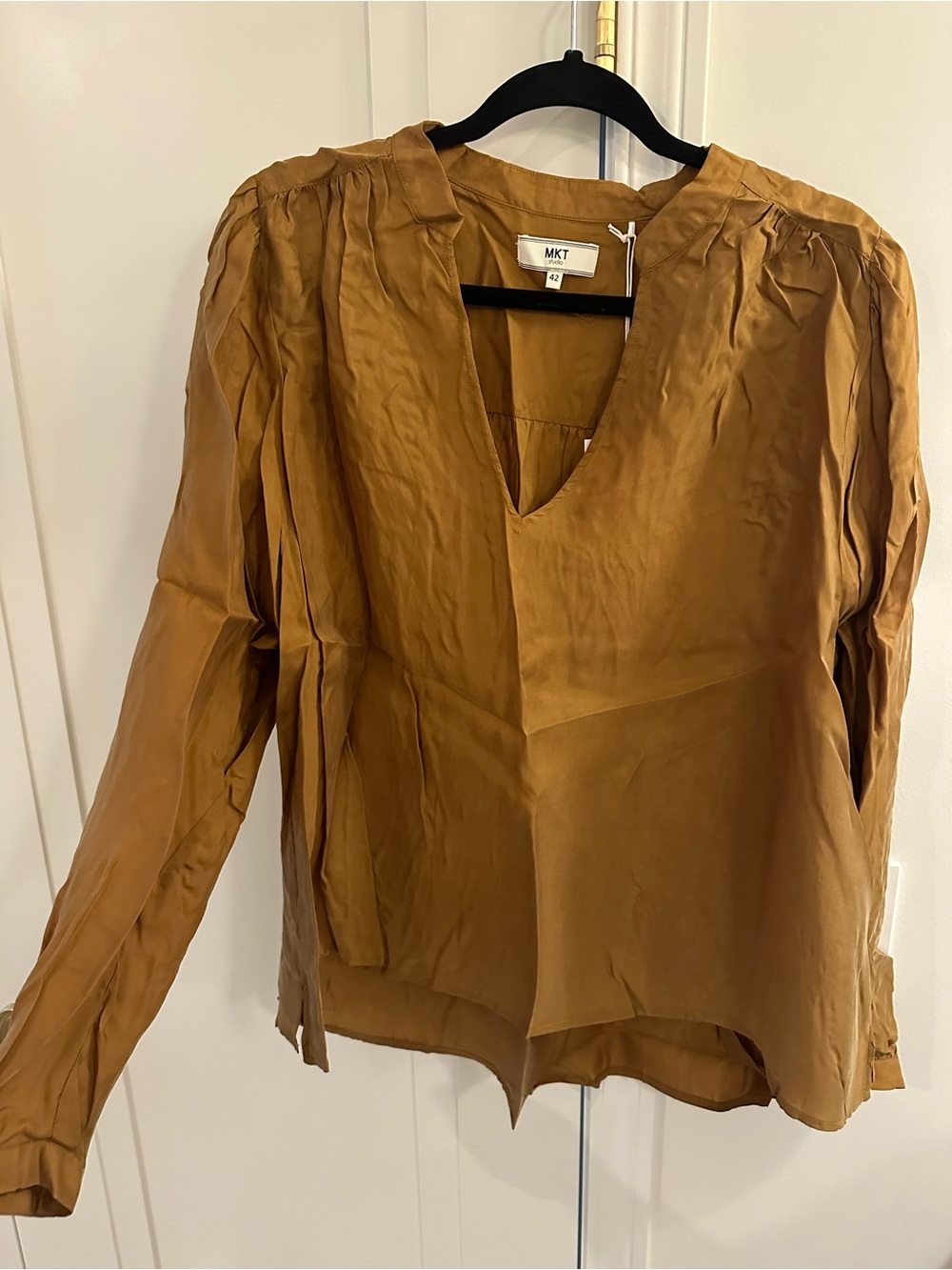 MKT Studio Tan Silk-Blend V-Neck Blouse